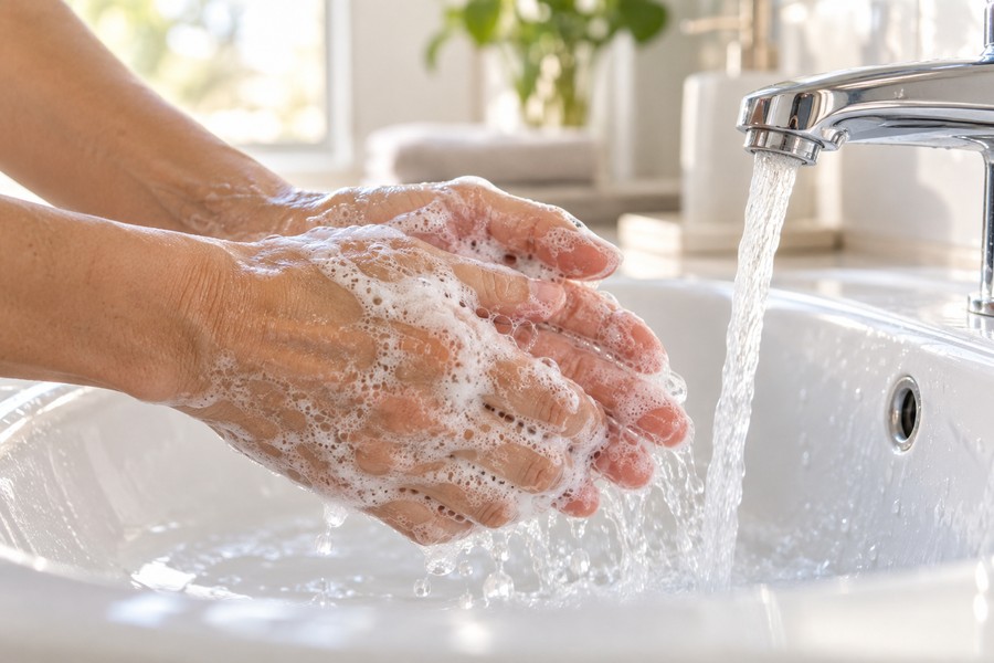 Nahaufnahme von Händen mit Seifenschaum beim Waschen an einem Waschbecken mit laufendem Wasser.