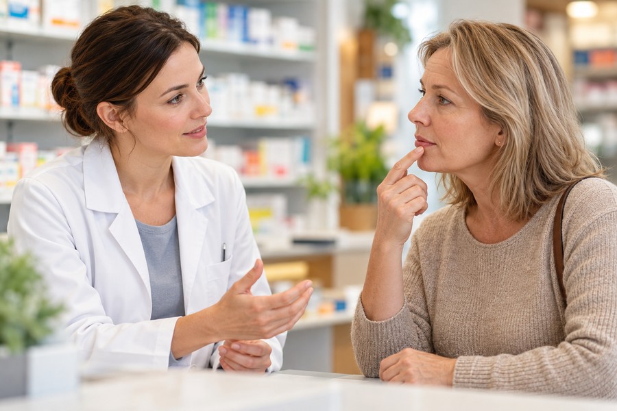 Eine Apothekerin berät eine Frau, die auf ihren Lippenbereich zeigt.