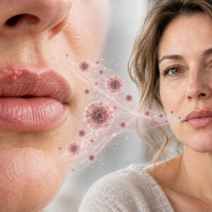 Frau mit Lippenherpes neben einer vergrößerten Ansicht ihrer Lippen; dazwischen symbolisch dargestellte Viruspartikel.