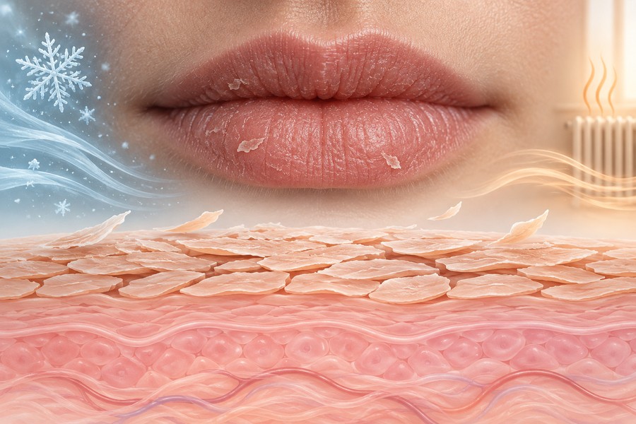 Trockene Lippen über einem schematischen Hautquerschnitt mit gelockerten Hornschüppchen, daneben Symbole für Kälte, Wind und Heizungsluft.