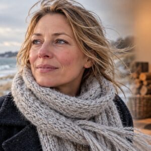 Frau mit Wollschal an der winterlichen Ostseeküste, mit weichem Übergang zu einem Innenraum mit brennendem Holzofen.