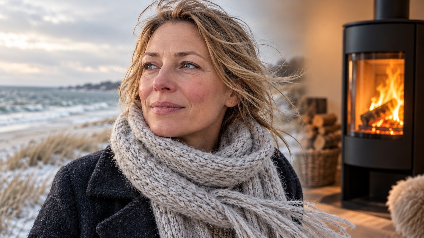 Frau mit Wollschal an der winterlichen Ostseeküste, mit weichem Übergang zu einem Innenraum mit brennendem Holzofen.