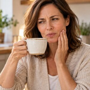 Frau berührt beim Trinken vorsichtig ihre schmerzende Wange