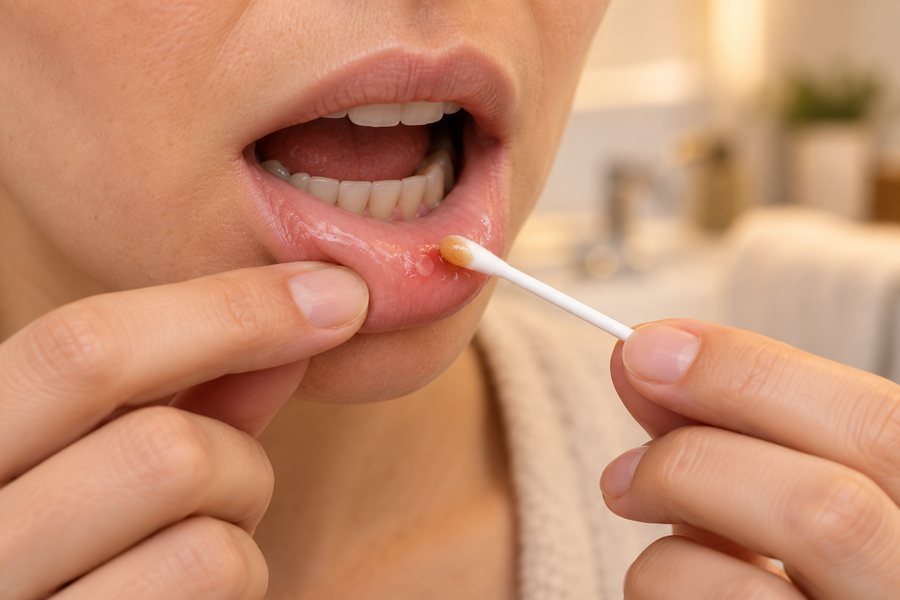Braune Mundpflegeflüssigkeit wird mit einem Wattestäbchen auf die innere Unterlippe aufgetupft