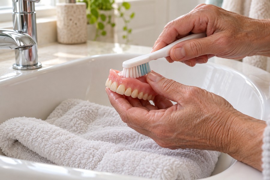 Hände reinigen eine Zahnprothese mit einer Bürste über einem mit einem Handtuch ausgelegten Waschbecken.