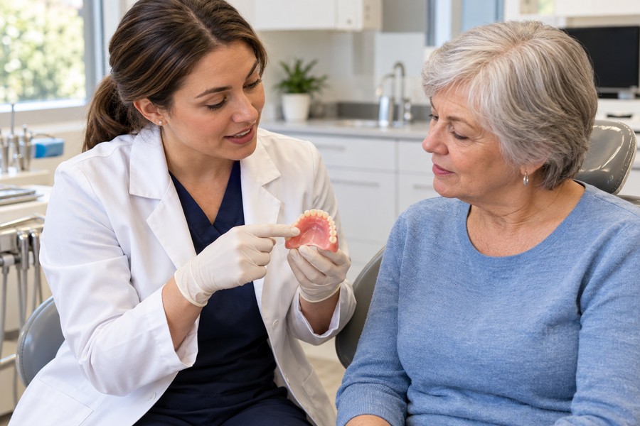 Eine Zahnärztin zeigt einer älteren Patientin die Auflagefläche einer herausnehmbaren Zahnprothese.