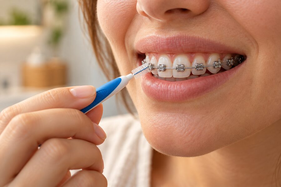 Reinigung einer festen Zahnspange mit einer Interdentalbürste