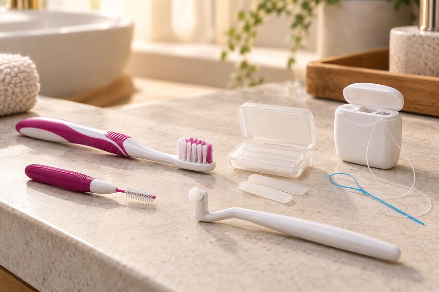 Zahnbürsten, Interdentalbürste, Zahnseide und Schutzwachs für die Zahnspangenpflege