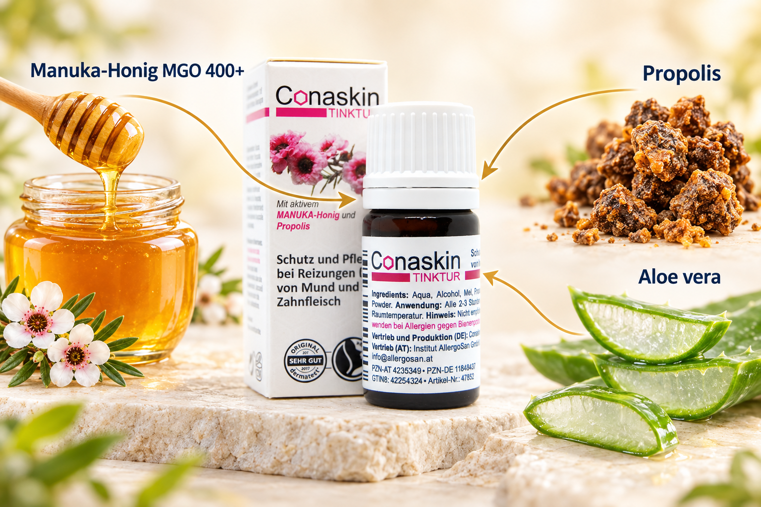 Die Inhaltsstoffe der Conaskin Tinktur: Manuka-Honig MGO 400+, Propolis und Aloe Vera