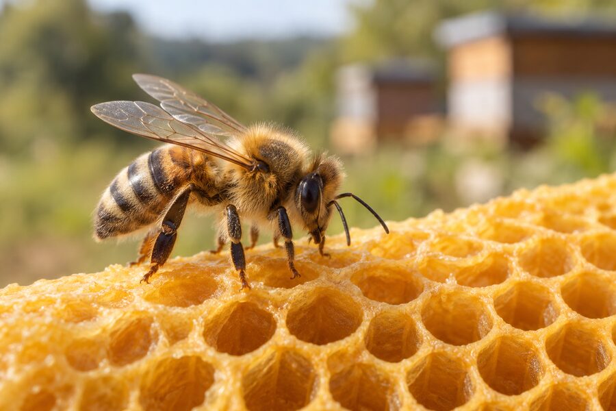 Honigbiene in Großaufnahme auf einer natürlichen Bienenwabe aus Wachs