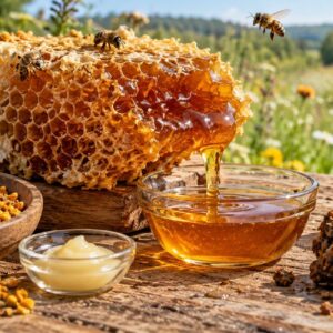 Honigwabe mit Honig, Bienenwachs, Propolis, Blütenpollen und Gelée Royale