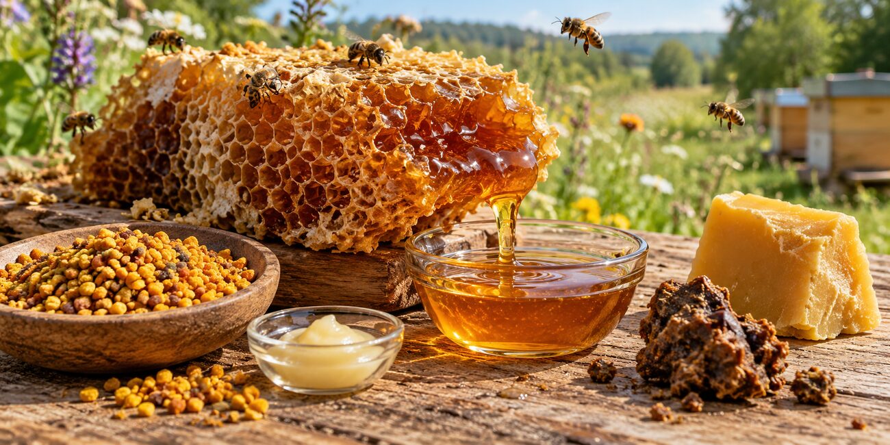 Honigwabe mit Honig, Bienenwachs, Propolis, Blütenpollen und Gelée Royale