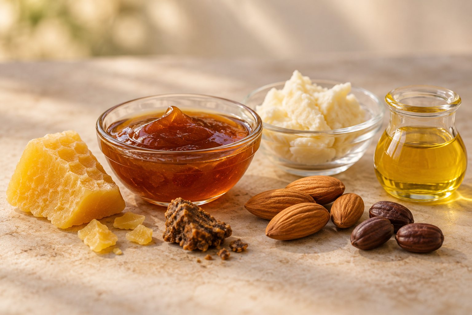 عسل مانوكا، شمع العسل، البروبوليس، زبدة الشيا، اللوز، بذور الجوجوبا، والزيت النباتي