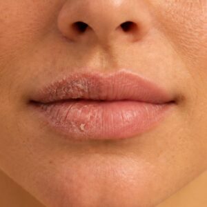 Nahaufnahme von Lippen mit einem fließenden Übergang von trocken und spröde zu gepflegt und geschmeidig