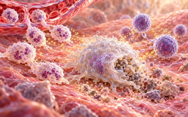 Illustration verschiedener Immunzellen im entzündeten Gewebe