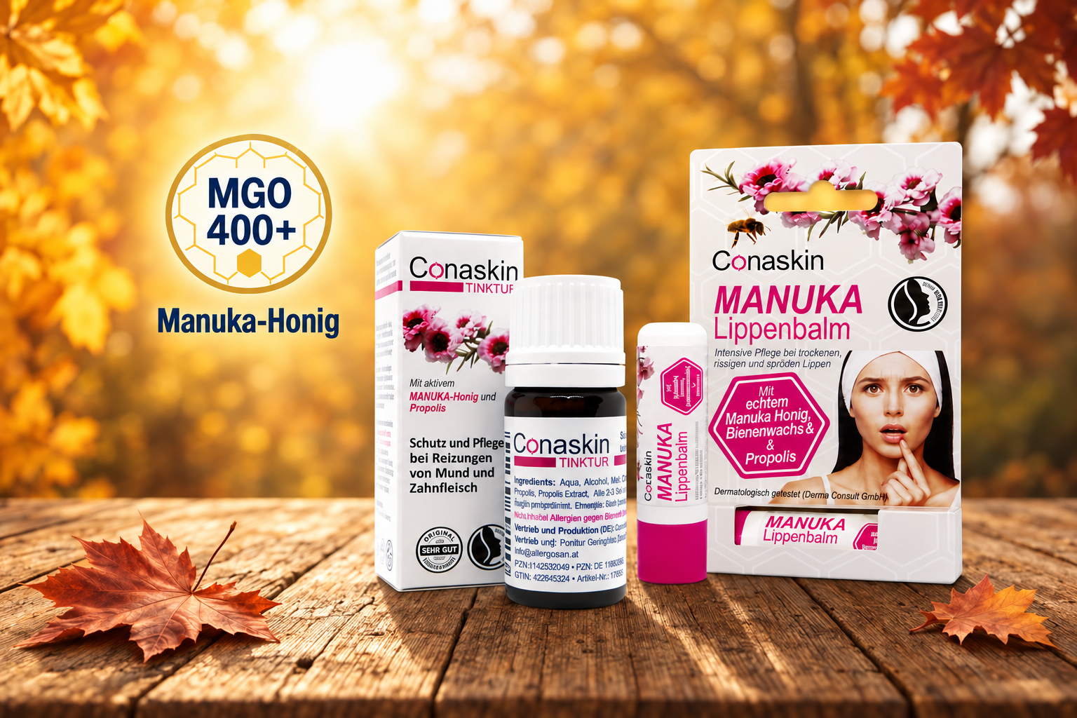 Conaskin-Produkte vor Herbstszene
