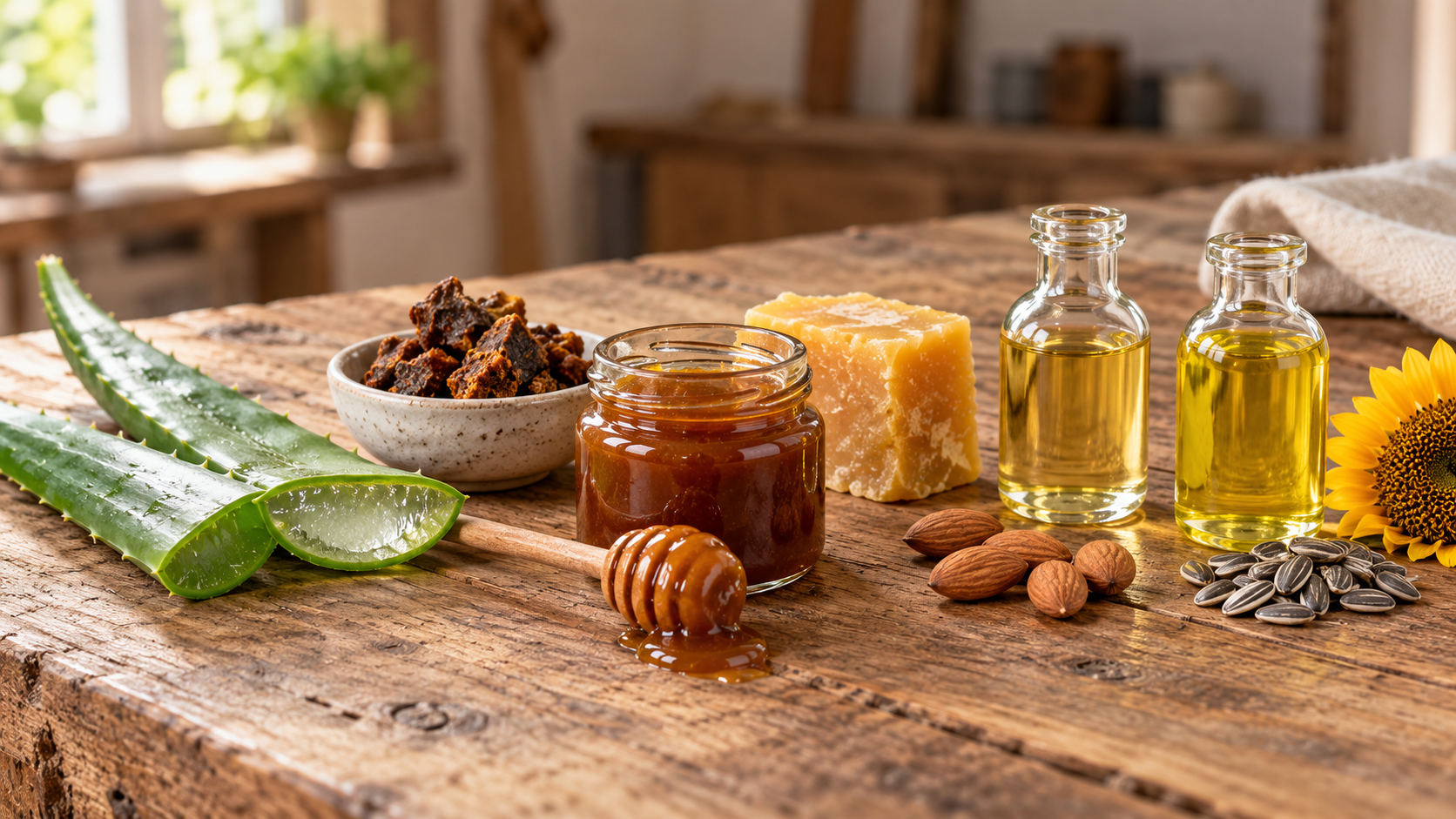 Manuka-Honig, Propolis, Bienenwachs, Aloe vera, Mandelöl und Sonnenblumenöl auf einem Holztisch