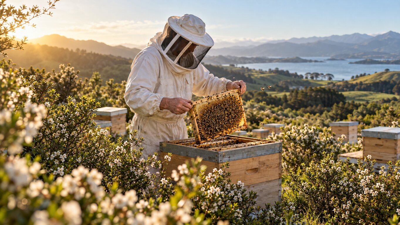 Imker bei der Arbeit an Bienenstöcken in der neuseeländischen Landschaft