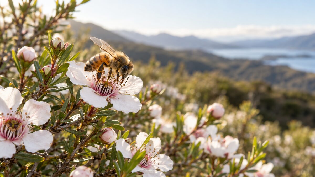 Honigbiene sammelt Nektar an einer weißen Manuka-Blüte in Neuseeland