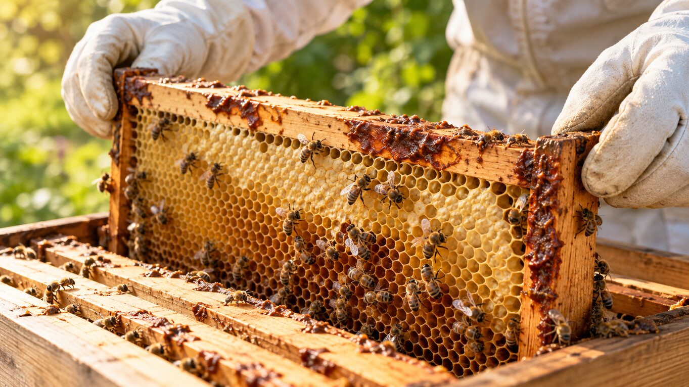 Imker hält einen Wabenrahmen mit Propolisablagerungen und Honigbienen