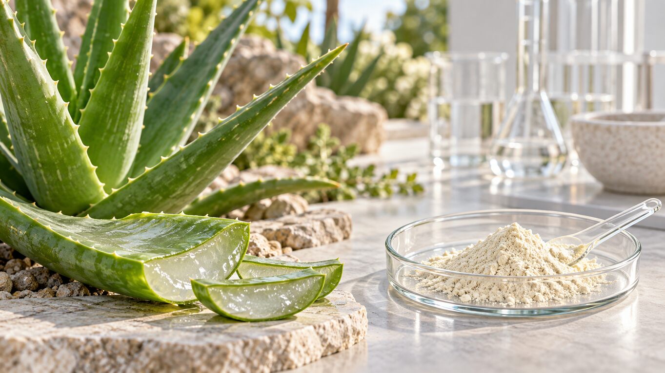 Aloe-vera-Pflanze mit geöffneten Blättern und hellem Trockenpulver in einer Laborschale