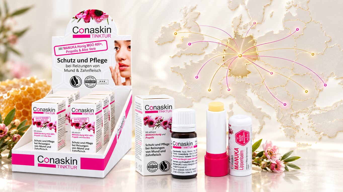 Conaskin Tinktur, Sechserdisplay und Manuka-Lippenbalm vor einer Europakarte mit internationalen Vertriebswegen