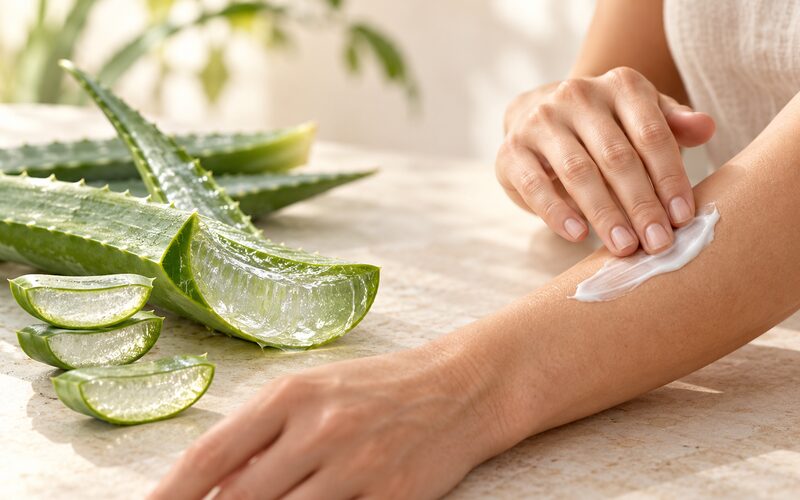 Aufgeschnittene Aloe-vera-Blätter neben einem Unterarm, auf den eine Hand weiße Pflegelotion aufträgt