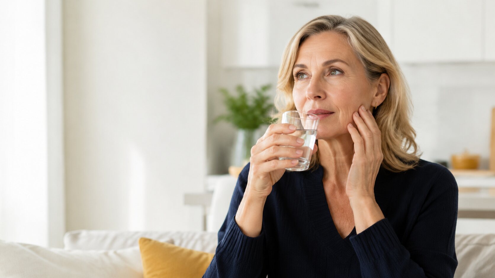 Frau mit einem Glas Wasser bei trockenem Mund