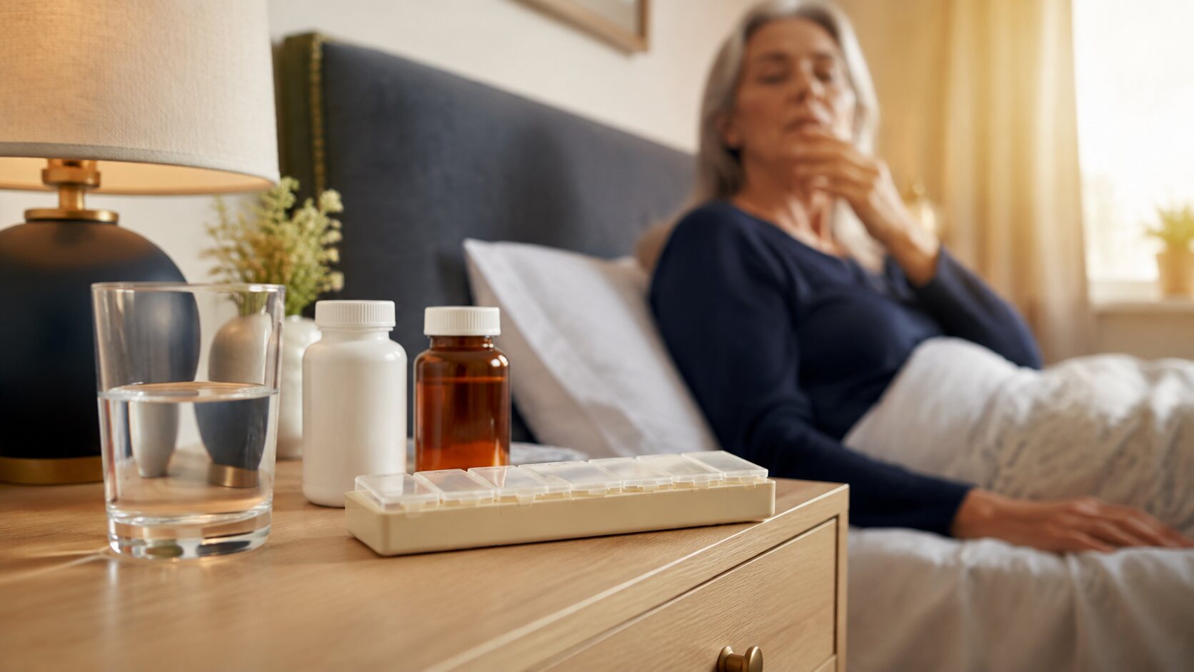 Medikamente und Wasserglas auf einem Nachttisch neben einer Frau