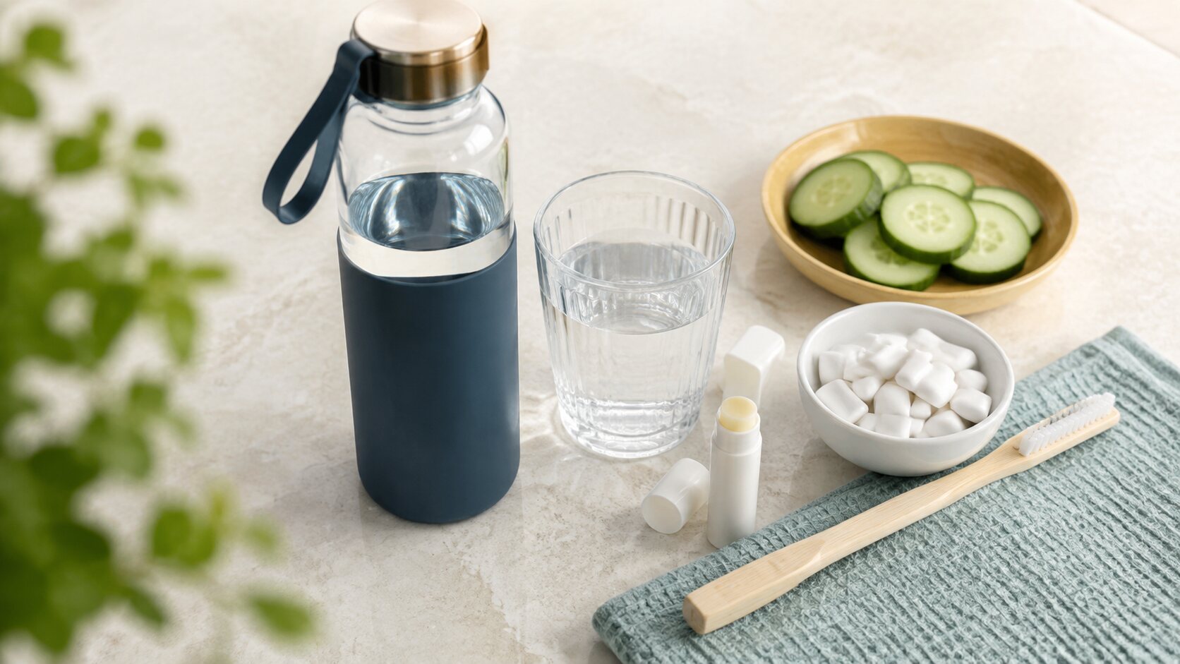 Wasser, Gurkenscheiben und Mundpflegeprodukte bei Mundtrockenheit