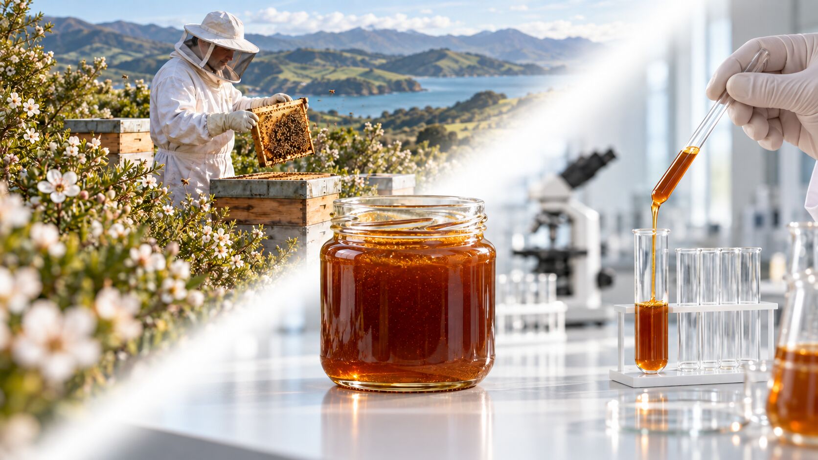 Imker bei der Manuka-Honigernte und Laborprüfung einer Honigprobe