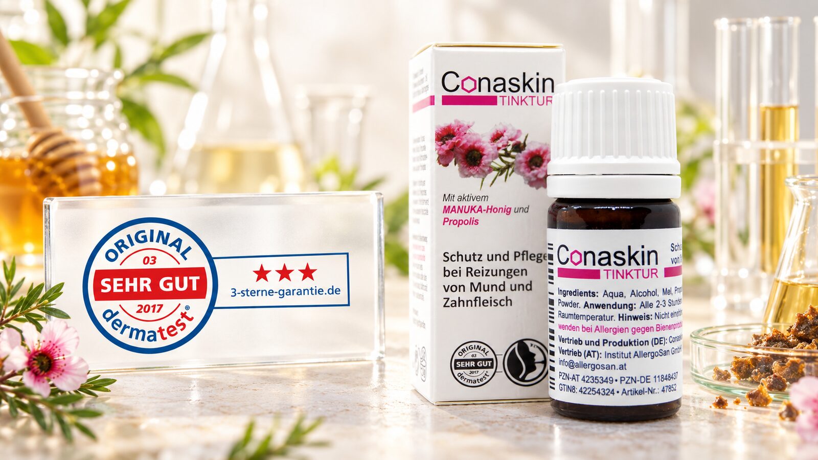 Conaskin-Tinktur mit Dermatest-Siegel für sehr gute Hautverträglichkeit
