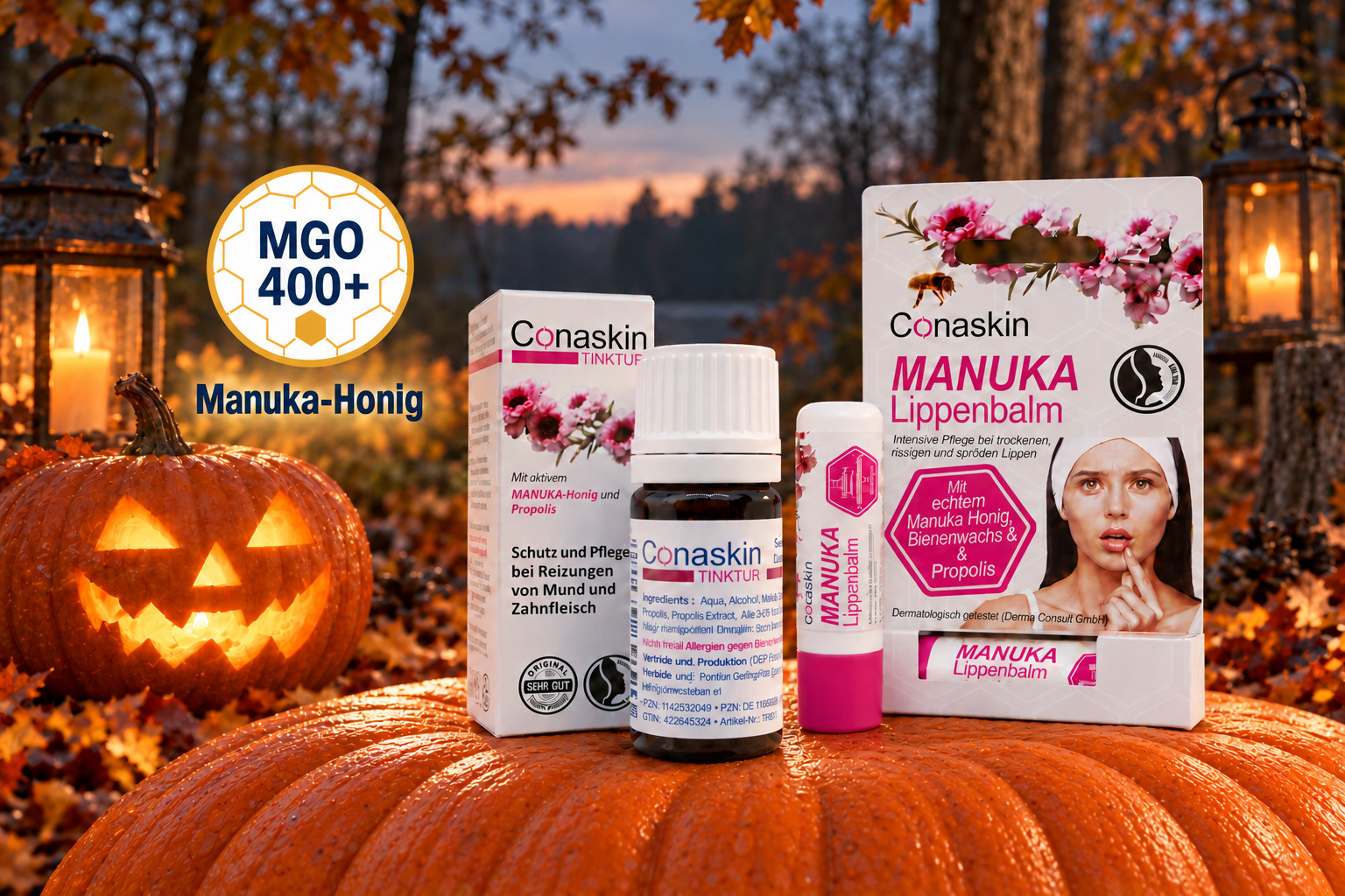 Conaskin Tinktur und Manuka-Lippenbalm auf einem Kürbis, daneben ein leuchtender Halloweenkürbis und das MGO400+-Siegel.